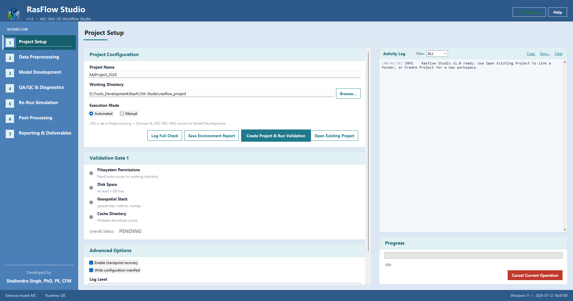Project Setup phase with workspace controls and Validation Gate 1